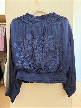 Navy Embroidered Smocked-Waist Long Sleeve Jacket